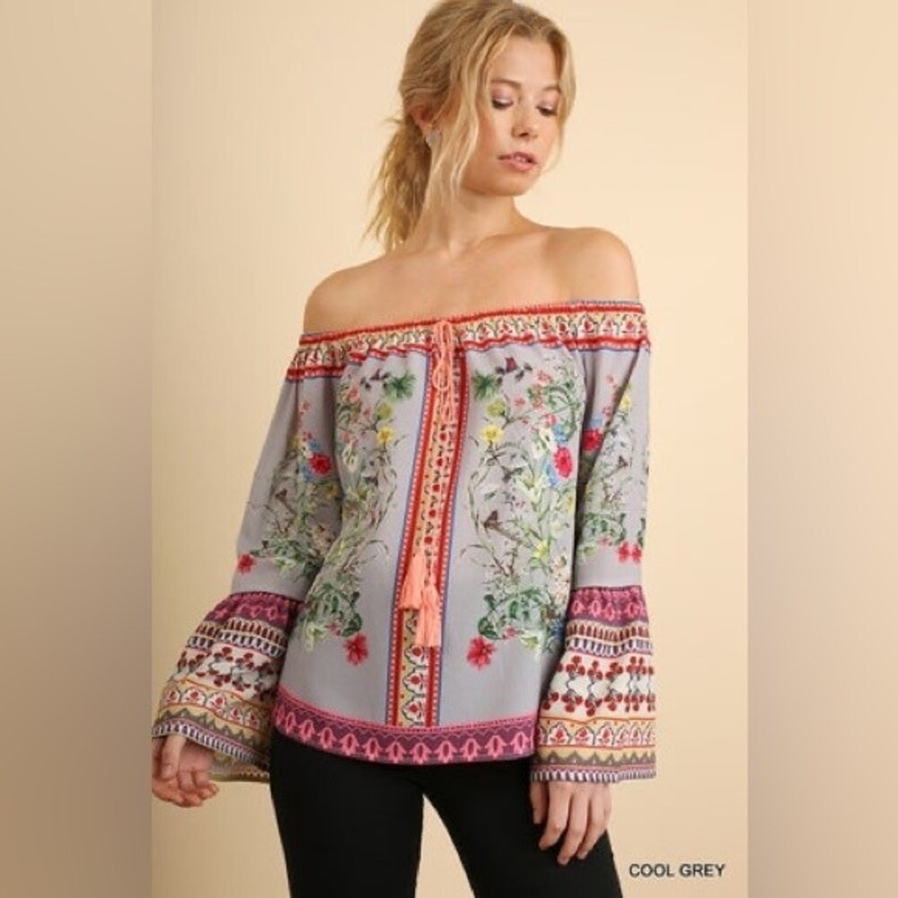 Umgee Boho Off Shoulder Floral Peasant Top Blouse Tunic Bell Sleeves Size M - Picture 2 of 6